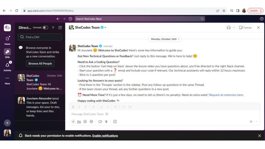 SheCodes Slack channel