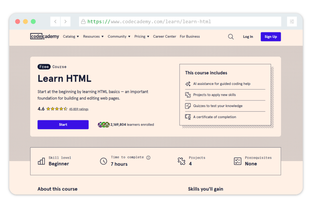 Codecademy's HTML course